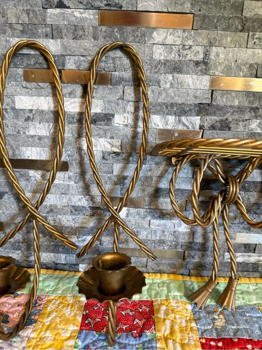 Vintage Cottage Core Home Interiors Brass Ribbon Shelves with Sconces(4 pieces)
